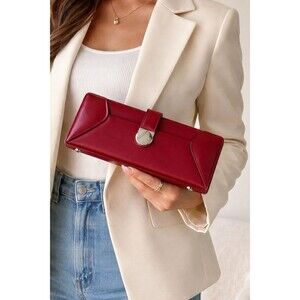 KMQ Collection Red 3 Pocket Structured Envelope Clutch Fold Over Clasp